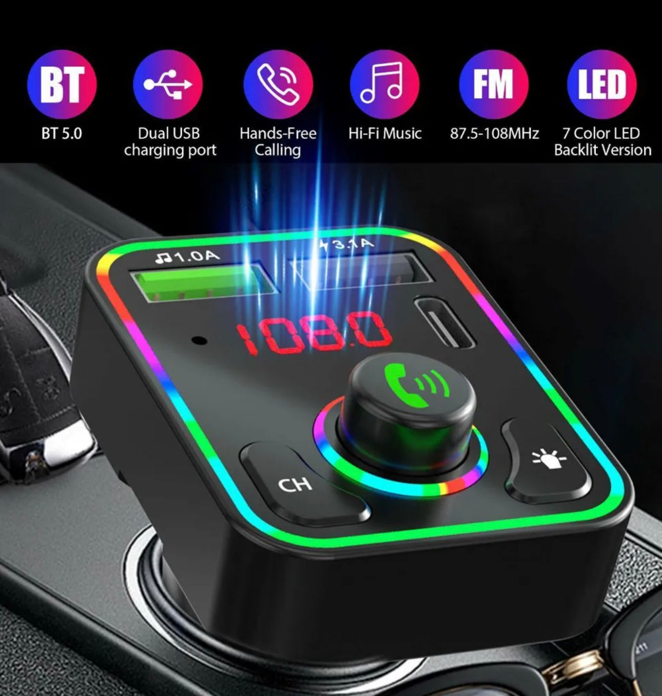 Bluetooth 5.0 Car Wireless FM Transmitter Adapter 2USB PD Charger Hand –  USB PLUG🔌